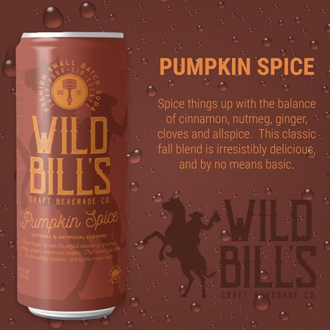 Wild Bill's Pumpkin Spice Soda Classic Craft Soda Pop Soft Drinks Sodas Made with Pure Cane Sugar Caffeine Free NO High Fructose Corn Syrup Gluten Free Vegan Low Sodium 12 Oz 12 Pack