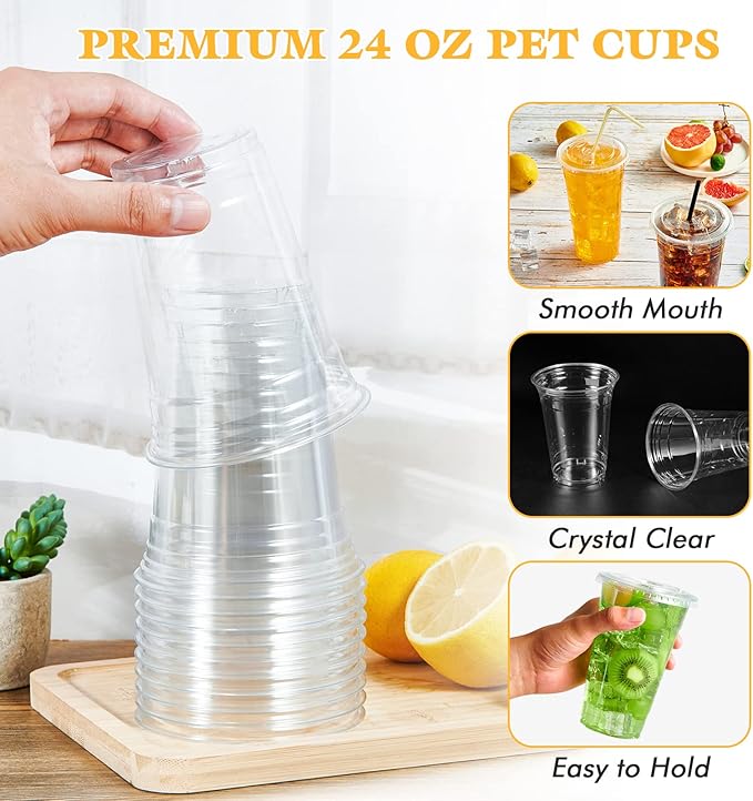 Vplus 140 Pack 24 OZ PET Clear Plastic Cups with Lids 24 OZ Crystal Cold Disposable Drinking Plastic Cups with Flat Lids Perfect for Ice Coffee Smoothie Juice