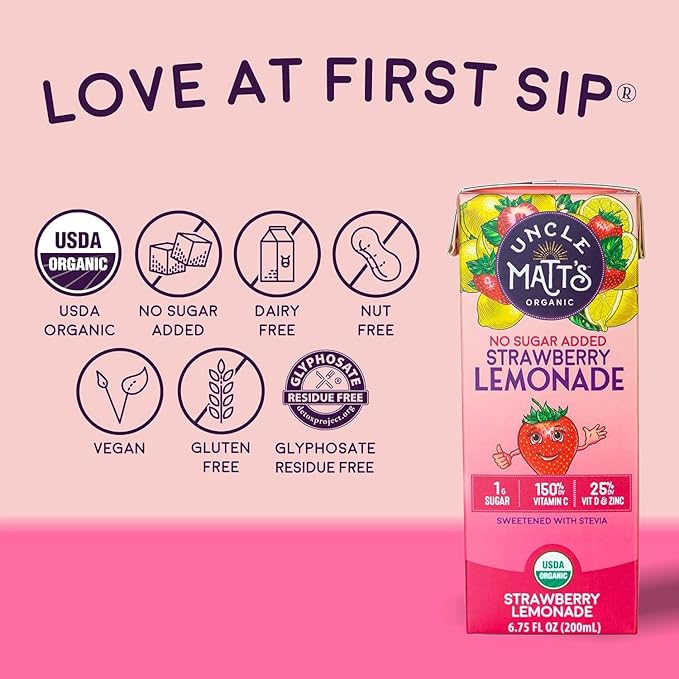 Uncle Matt’s No Sugar Added Strawberry Lemonade Organic Fruit Juice Box for Kids with Vitamin C D Zinc Only 10 Calories 32 pack of 6.75 oz Boxes