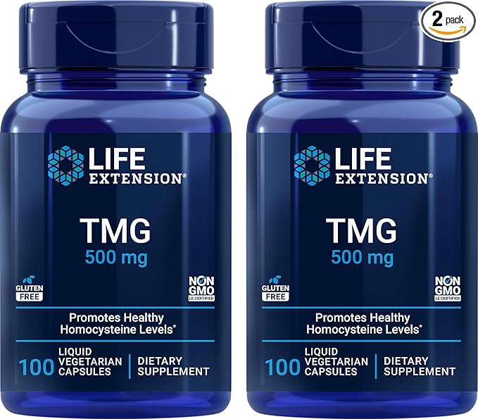 Life Extension TMG 500mg 100 Liquid Veg Caps (Pack of 2) - Trimethylglycine (Glycine Betaine) Supplement - Gluten Free Non-GMO Vegetarian
