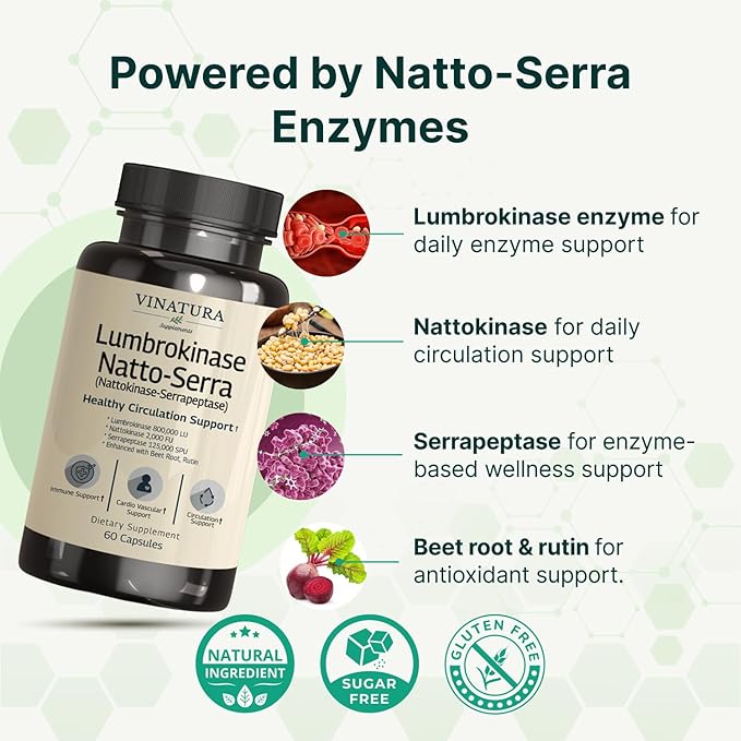 VINATURA Lumbrokinase Nattokinase 2000FU &amp Serrapeptase - USA Made &amp Tested Circulation Supplements of Nattokinase Serrapeptase (Natto-Serra) Rutin Beetroot Lumbrokinase Supplement