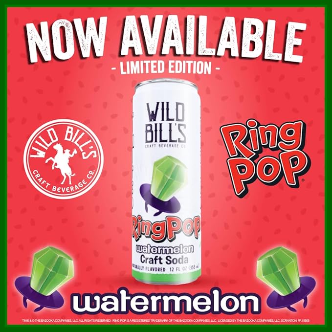Wild Bill’s Watermelon Ring Pop Craft Soda Pop Soft Drinks - Pure Cane Sugar No HFCS Caffeine Free Vegan Gluten Free Low Sodium Lightly Carbonated – 12 Oz Cans 12 Pack