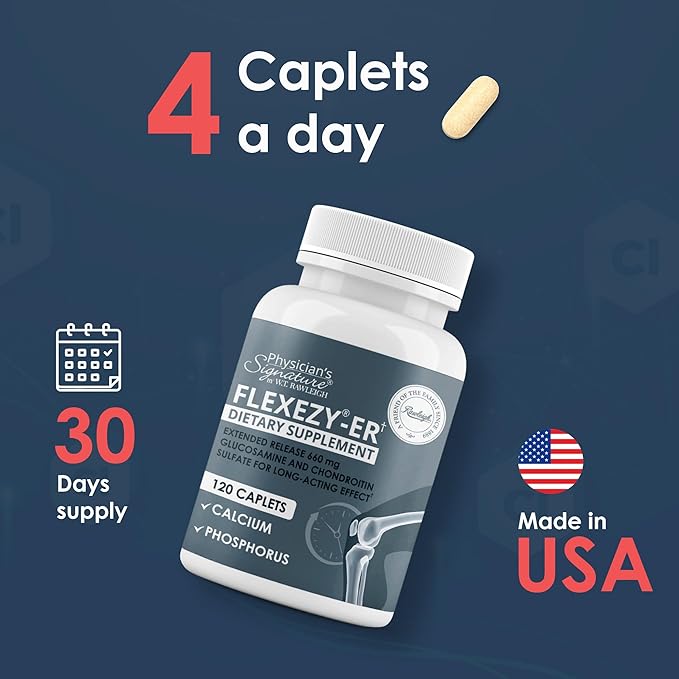 Rawleigh Flexezy-ER: 120 Caplets High Strength Glucosamine &amp Chondroitin Sulfate Blend Calcium &amp Phosphorous 24-Hour Extended Release Bone &amp Joint Health Supplement. Non-GMOGluten Fre