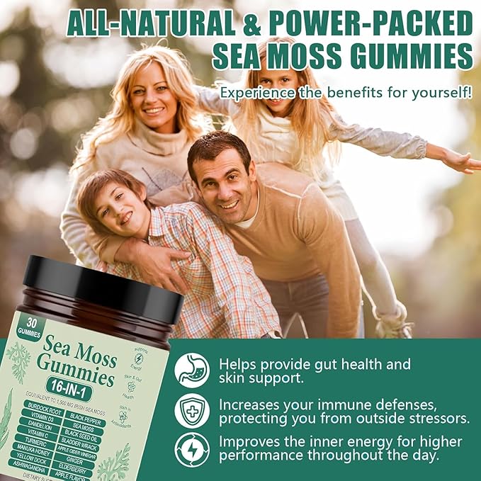 Sea Moss Gummies 16-in-1 with Bladderwrack &amp Burdock Root - Organic Irish Sea Moss Supplement for Immune Support Digestion Energy - Vegan Non-GMO 30 Chewable Gummies