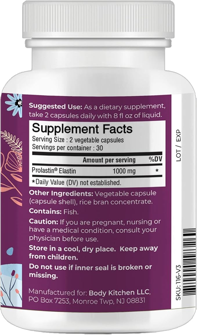 Body Kitchen Pro-Elastin 1000 mg Elastin Supplement Help Reduce Signs of Aging Improved Skin Health Firmness &amp Elasticity Fewer Wrinkles Veggie Caps (Pack of 2)