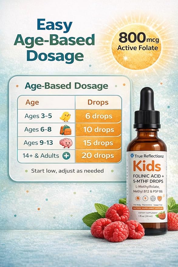 Folinic Acid Drops Kids &amp Adults – 800 mcg + L-Methylfolate + B12 +P5P B6 Gentle Methylation Magnesium Glycinate Vitamin D3 &amp C Folate Support for BrainFocus Mood &amp Cellular Health 5-M