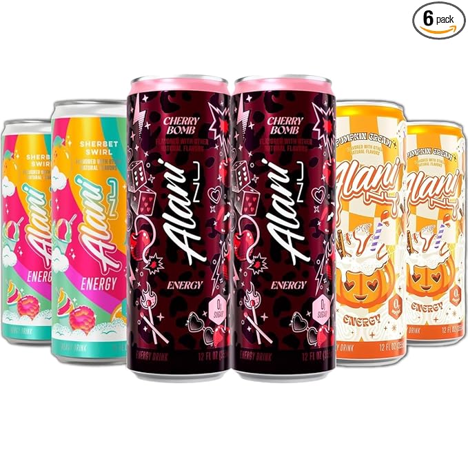 New Alani Energy Drinks Pumpkin Cream Sherbet Swirl Cherry Bomb - Limited Edition Flavors - Variety Pack Sugar-Free Low-Calorie 200mg Caffeine Energy Boost Drink 12 fl oz (Pack of 6) (Packaging