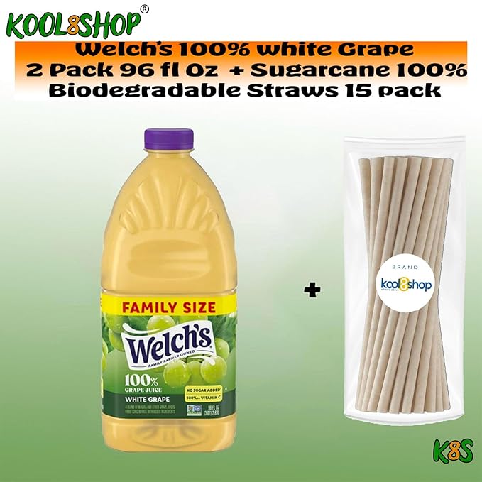Welch's 100% White Grape Juice Drink 96 fl oz Plastic Bottle 2 Pack + 15 Sugarcane Disposable Straws by Kool8shop Infinite Deals