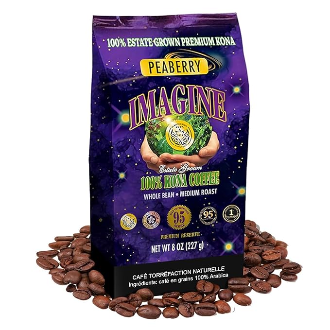 Imagine Kona Peaberry Rare Coffee Beans | Top Grade Air Roasted | Medium Dark Roast - 8 ounce