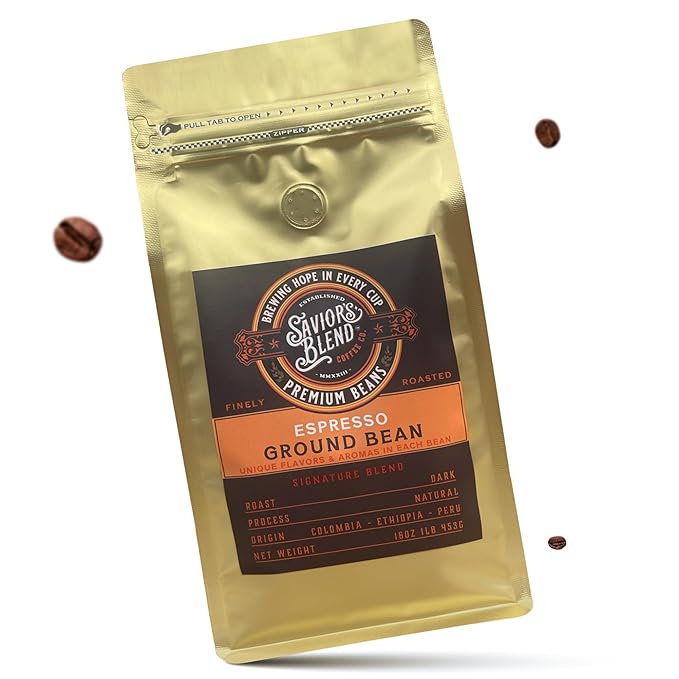 Savior's Blend Coffee Premium Espresso Ground Coffee Dark Roast Colombian-Ethiopian-Peruvian Blend 16 oz