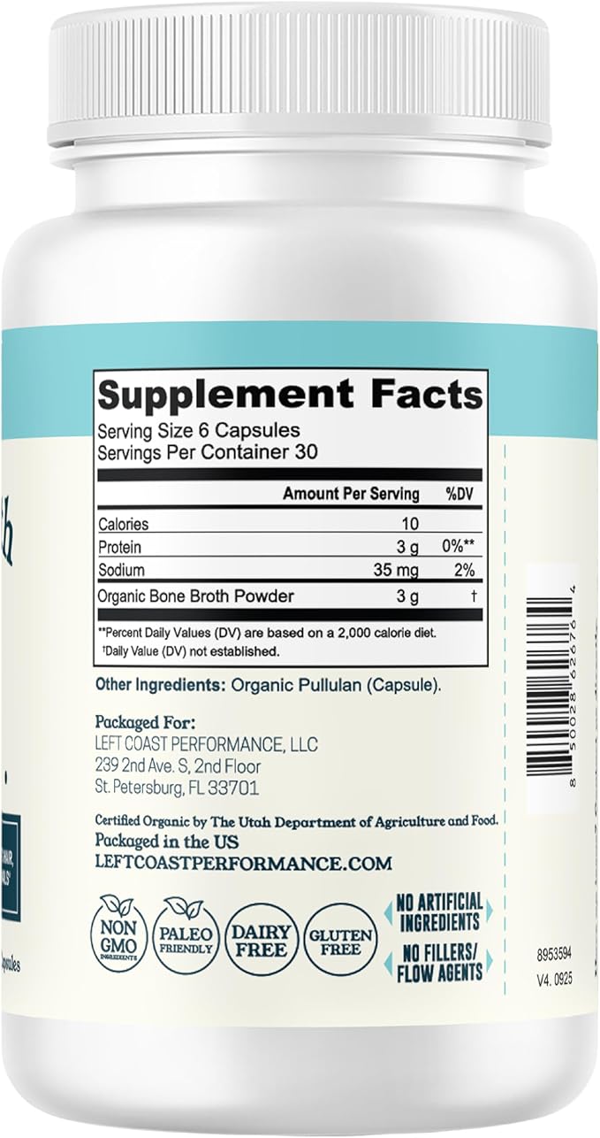 Grass-Fed Bone Broth Capsules with Collagen from Organic Bone Broth Powder. Collagen Supplement for Nails Hair Joints and Digestive Health* Support. Gut Friendly-Ingredients 180 Capsules
