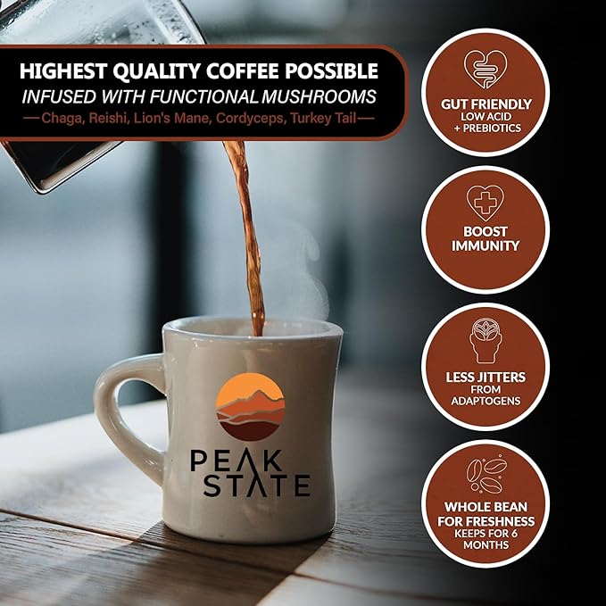 Peak State Immunity Boost Medium Roast – Organic Mushroom Coffee Low Acid &amp Smooth Dark Chocolate &amp Sweet Grape Notes Whole Bean Gluten Free 12 oz (2 Pack)
