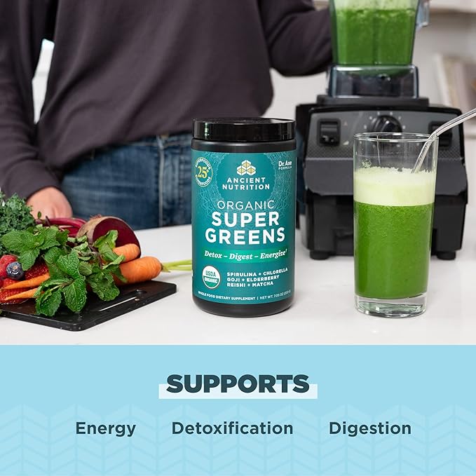 Ancient Nutrition Multi Collagen Protein Powder Unflavored 60 Servings + Supergreens Powder Greens Flavor 25 Servings
