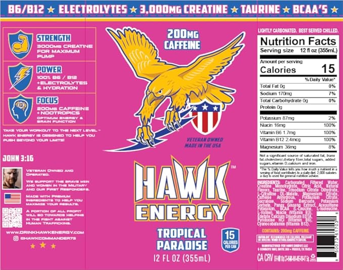 HAWK ENERGY PERFORMANCE - TROPICAL PARADISE - Premium Sugar Free Energy Drink - 12 Pack - 12 oz cans - Focus and Power - 3000mg Creatine 200mg Caffeine BCAA's B6/B12 Taurine and L-Carnitine 100%