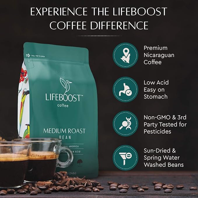 Lifeboost Organic Coffee Beans Medium Roast - Low Acid Single Origin Non-GMO Organic Whole Bean Coffee - Third Party Tested For Mycotoxins &amp Pesticides - 12 Ounces