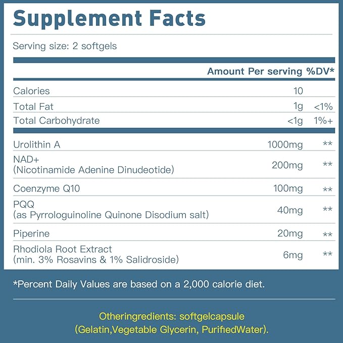 Urolithin A Supplement with NAD+ CoQ10 &amp PQQ – Antioxidants and Mitochondrial Support for Vitality and Healthy Aging – Focus &amp Muscle Recovery for Men and Women – 120 Softgels