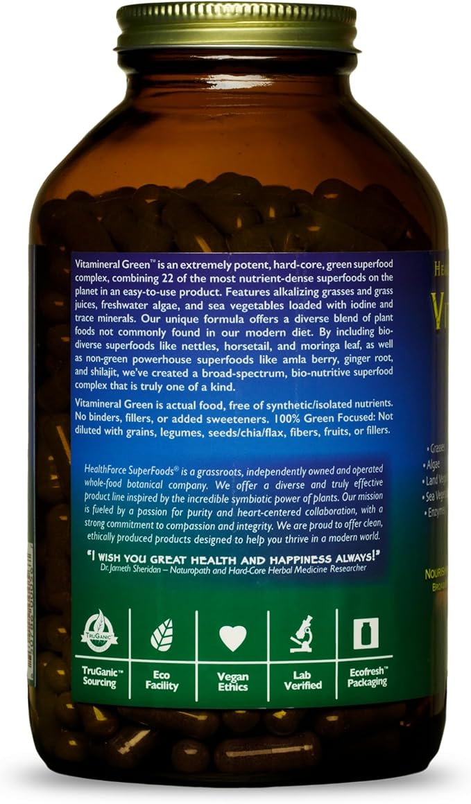 HEALTHFORCE SUPERFOODS Vitamineral Green - Mineral Supplement for Immune &amp Thyroid Support - Green Powder Supplement with Ingredients from The Land - Gluten-Free &amp Vegan - 400 Capsules