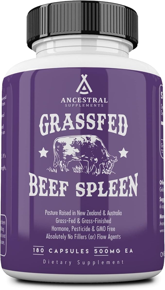 Ancestral Supplements Grass Fed Beef Spleen Supplement 3000mg Beef Organ Spleen Support Formula Promotes Digestive Immune Iron Energy and Allergy Health Non GMO 180 Capsules