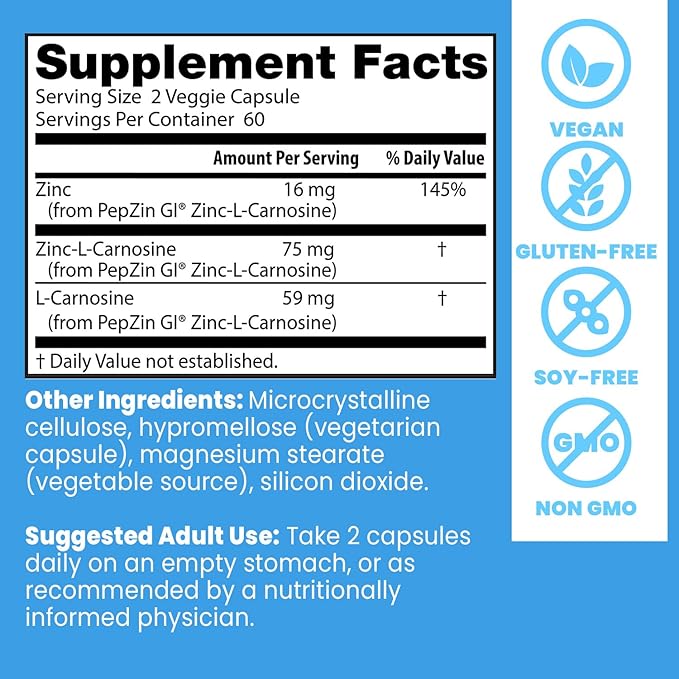 Doctor's Best PepZin GI Zinc-L-Carnosine Complex for Men &amp Women - Zinc Carnosine Supplement Caps for Gut Health Digestive Support &amp Stomach Comfort Vegan Gluten Free - 120 Veg Capsules