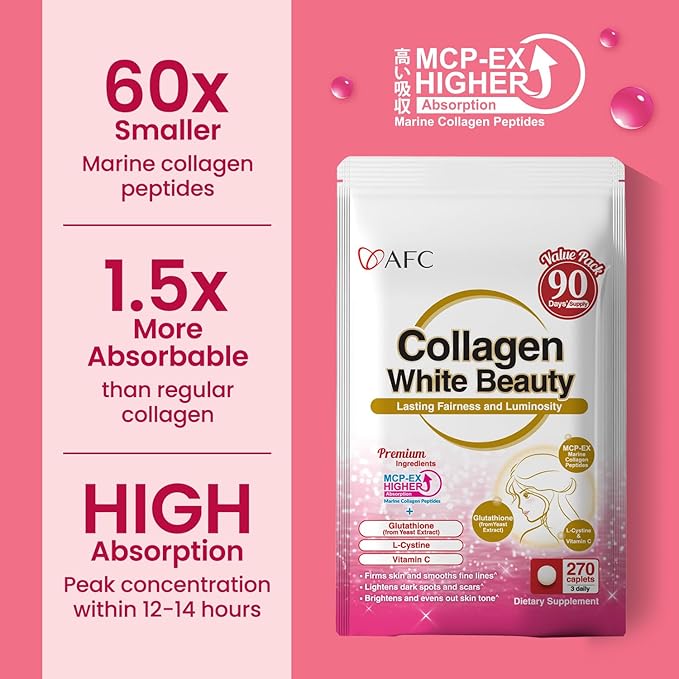 AFC Japan Collagen White Beauty with Marine Collagen Peptide Glutathione L-Cystine - 1.5X Better Absorption Than Other Collagen – Supports Skin Firmness &amp Radiance– 90 Days Supply