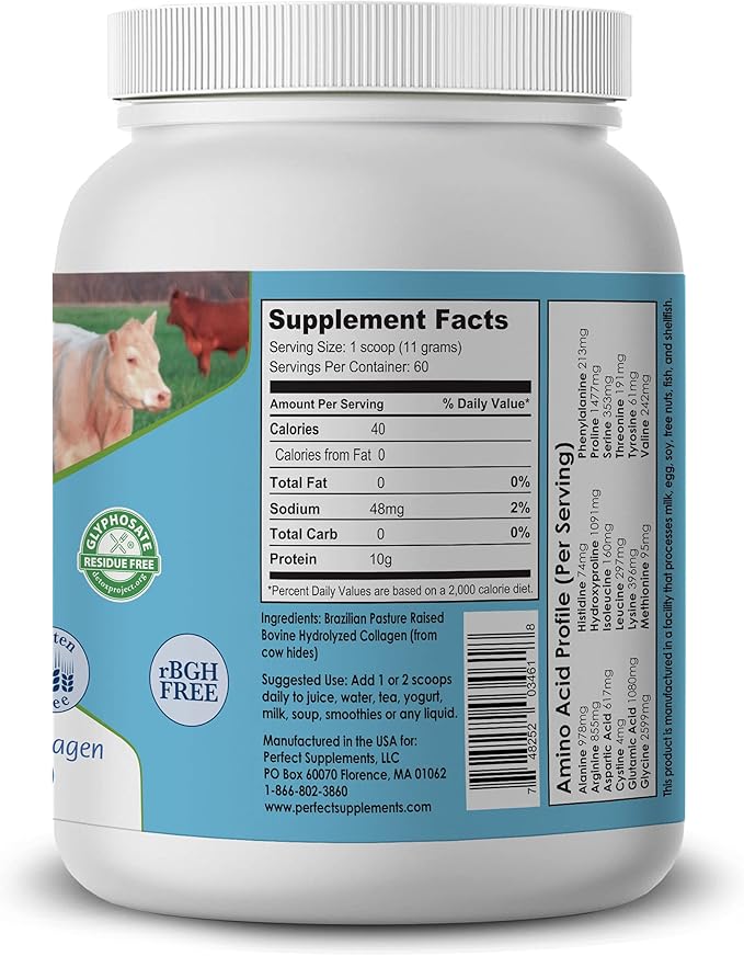 Perfect Supplements – Unflavored Hydrolyzed Collagen Powder for Men and Women - Collagen Peptides - Mix in Hot Cold Liquids Grass Fed Easy Absorption 660 Grams