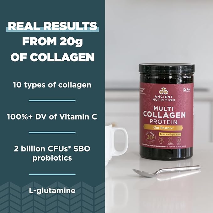Ancient Nutrition Collagen Powder Protein Multi Collagen Protein Hydrolyzed Collagen Peptides Supports Skin and Nails Joint Supplement (Gut Restore 20 Servings)