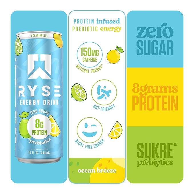 RYSE Functional Energy Drink - Ocean Breeze - 150mg Natural Caffeine 8g Whey Protein &amp 1g Prebiotics - Sugar Free Gut-Friendly Bloat-Free - 12 fl oz Cans (12-Pack)