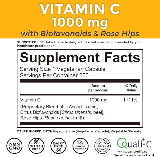 Viva Naturals Vitamin C 1000 mg 250 Vegetarian Capsules – with Citrus Bioflavonoids &amp Rose HIPS Non-GMO for Immune Support &amp Antioxidant Protection