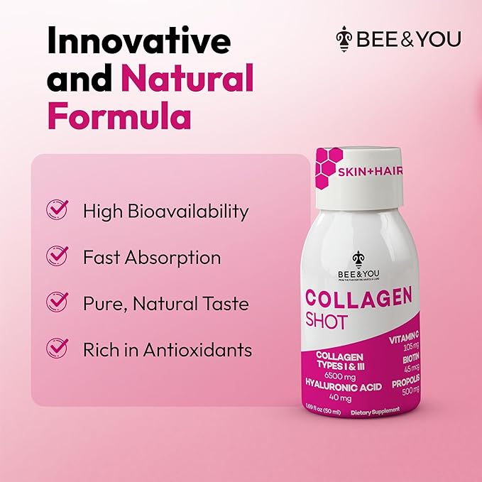 Bee and You Collagen Liquid Shot Drink with Vitamin C Propolis Extract Hyaluronic Acid Biotin Promotes Skin Hair Nail and Joint Health 1.69 fl. Oz x 12 Pack