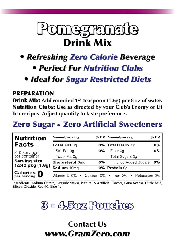 GramZero Pomegranate Zero Calorie Sugar Free Drink Mix Great For Nutrition Club Loaded Teas Stevia Sweetened