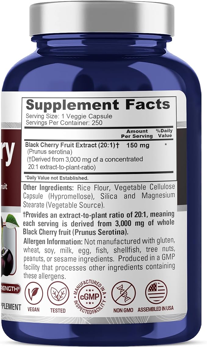 NusaPure Black Cherry Extract 20:1 - Suitable for Vegetarian/Vegan Non - GMO - 3000mg 250 Capsules