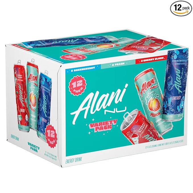 Alani Energy Drinks Christmas Holiday Variety Pack | Breezeberry Juicy Peach &amp Cherry Slush Variety Pack | Sugar-Free Low-Calorie Energy Boost Drink 12 fl oz (Pack of 12) | Winter Limited Editi