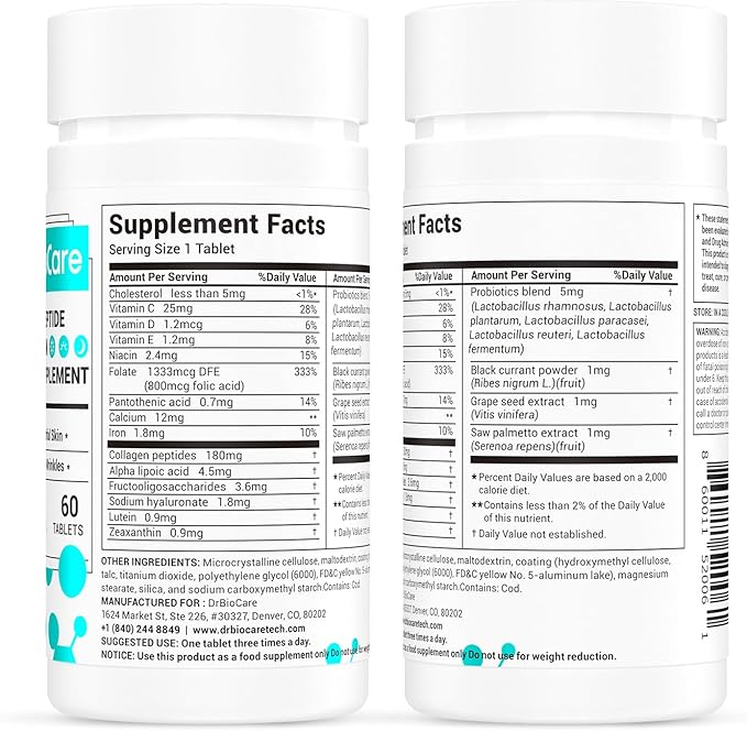 DrBioCare Collagen Peptides for Women Beauty Vitamin &amp Mineral SupplementContains Vitamin D3 Probiotics for Women &amp Collagen PeptidesVitamin B ComplexVitamin E 60 Tablets