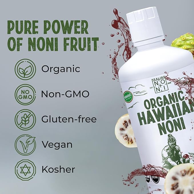 Healing Noni - 2-Pack Plastic Bottle 32oz - 100% Pure Hawaiian Organic Noni Juice - USDA Certified Organic