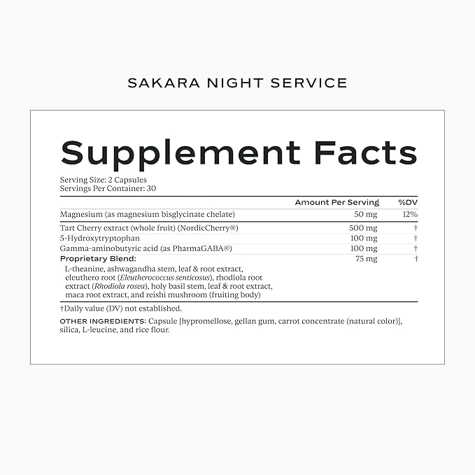 SAKARA Night Service Sleep Support – Natural Assistance for Better Sleep with Magnesium Glycinate NordicCherry™ &amp 5-HTP for Calming Deep Sleep – Supports A Full Sleep Cycle – 60 Capsules