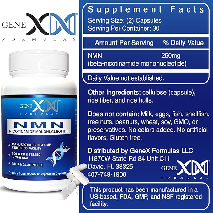 Genex Formulas NMN Supplement 250mg (3 Pack) - 99% Pure Shelf Stabilized Capsules for Increasing NAD Levels DNA Repair &amp Healthy Aging GMP Certified 90 Day Supply