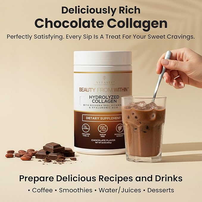 VITASEI Hydrolyzed Collagen Peptides Powder with Resveratrol &amp Vitamin C – Hair Skin Nails &amp Joint Support – Colágeno Hidrolizado for Women &amp Men – Delicious Chocolate Flavor 16 oz (30