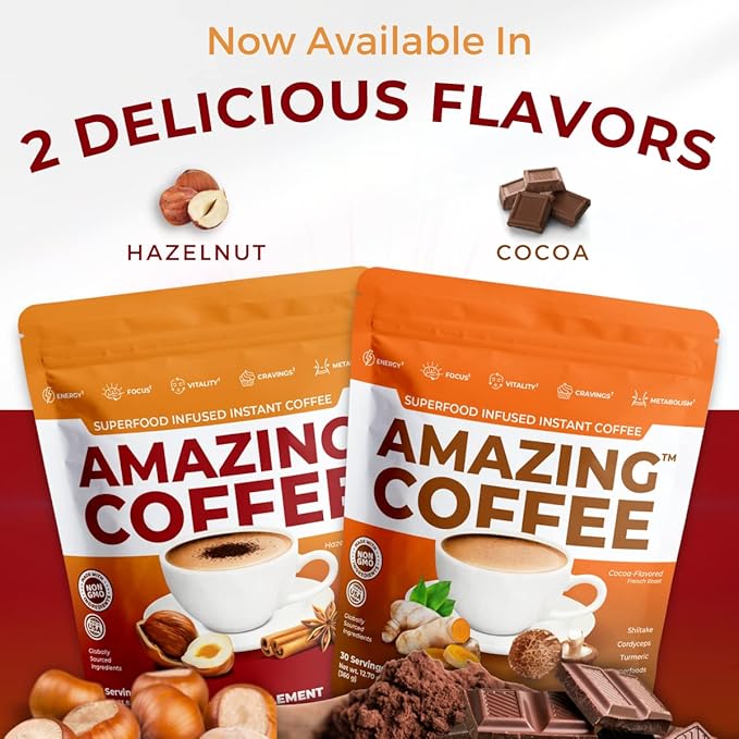 Superfoods Company | Amazing Coffee - Instant French Roast | Adaptogenic Mushrooms Superfoods - Energy Focus Digestion Immunity - 30 Servings - Hazelnut Flavor