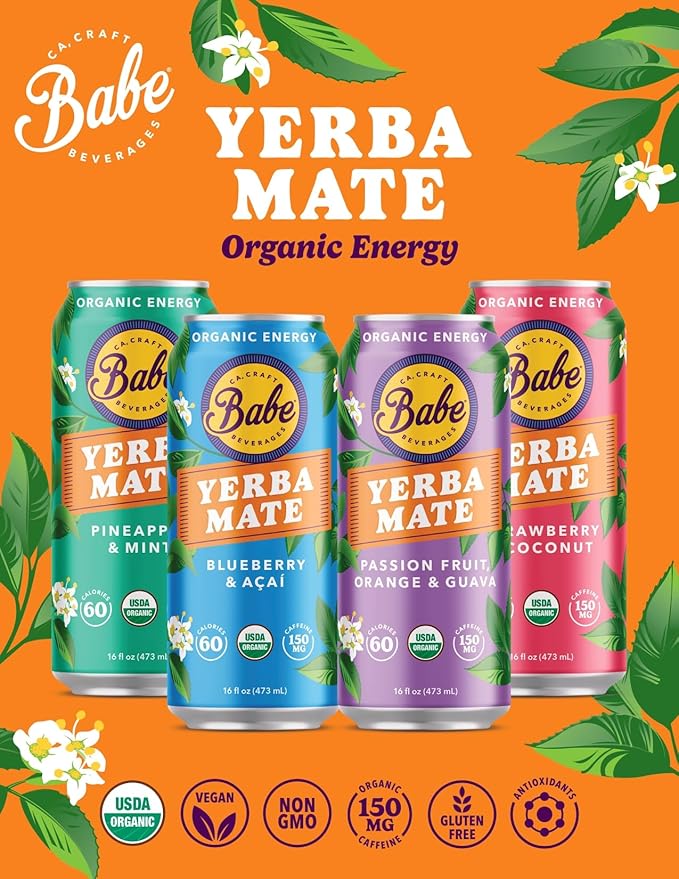 Babe Organic Yerba Mate Energy Drinks | 150mg Plant-Based Caffeine | Natural Yerba Mate Tea with No Crash No Jitters - Blueberry Açaí (12 x 16oz Cans)