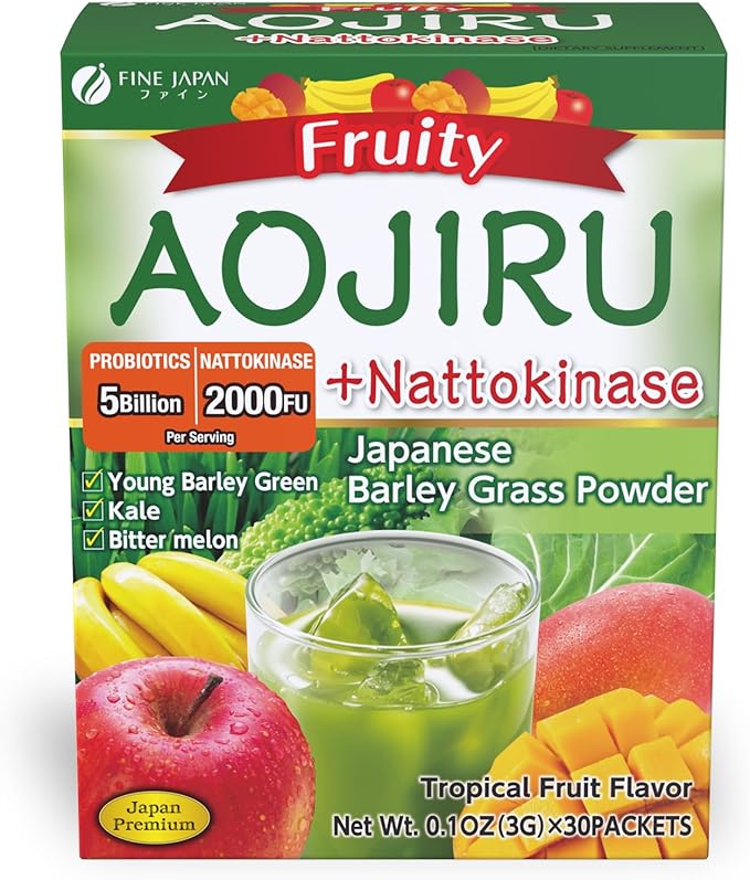 FINE JAPAN Green Aojiru Young Barley Grass Powder with Fruits and Nattokinase Powder juice &amp Smoothie Mix Superfood Vitamin Probiotics (154gr/5.4 oz/30 packets)