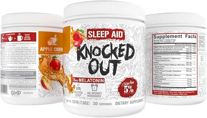5% Nutrition Rich Piana Knocked Out Natural Sleep Aid | Post-Workout Recovery &amp Deep Sleep Supplement | GABA Melatonin Chamomile Tyrosine 5-HTP &amp More | 7.3 oz 30 Servings (Apple Cider)