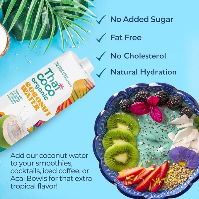 Thai Coco Organic Coconut Water No Sugar Added No Artificial Ingredients Natural Electrolytes 100% Pure Not from Concentrate - 33.8 fl. oz. (6 Pk)