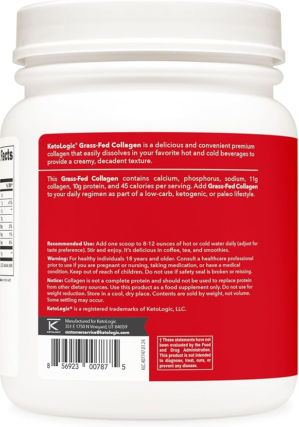 Ketologic Grass Fed Collagen Hydrolysate Powder (Vanilla) (1 LB) - 37 Servings 11 G Collagen Per Serving 10 G Protein Per Serving - Grass-fed Collagen Peptides