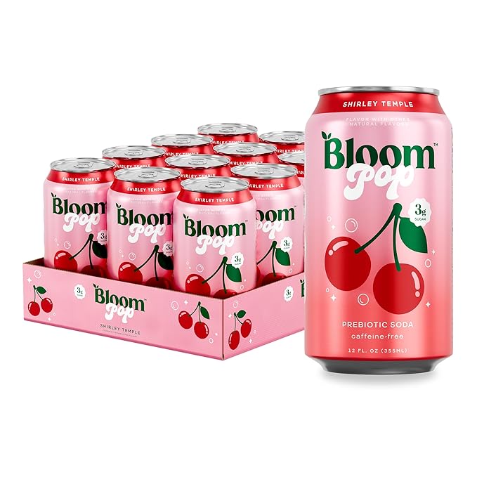 Bloom Pop Prebiotic Soda 12 Pack Shirley Temple Flavor 12oz Cans | Prebiotic Soda for Gut Health Low Calorie Soda No Caffeine Healthy Soft Drink Alternative