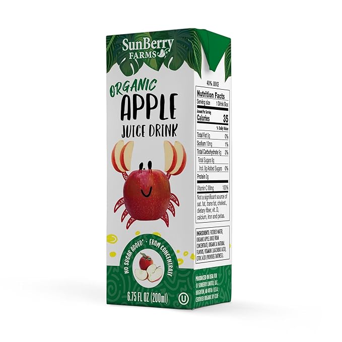Sunberry Farms Organic Apple Juice Drink – 32 Pack (6.75 fl oz Each) | No Sugar Added | USDA Organic | Gluten-Free | GMO-Free | Preservative Free | Excellent Source of Vitamin C | Lunchbox Kids Juice