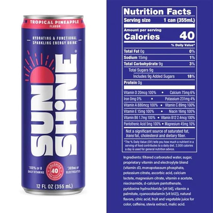 Sunshine Sparkling Energy Drink Tropical Pineapple with Daily Essential Vitamins 360mg of Electrolytes 70mg of Natural Caffeine 12 Fl Oz (Pack of 24)