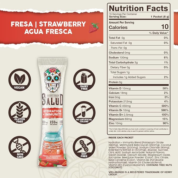 Salud 2-in-1 Hydration Packets + Immunity Electrolytes Powder Strawberry - Fresca Agua Fresca Drink Mix Elderberry Dairy &amp Soy Free Non-GMO Gluten Free Vegan Low Calorie 1g Sugar (15 Servi