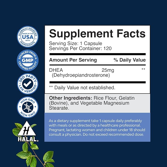 DHEA Supplement for Women &amp Men - Pure DHEA 25mg for Hormone Balance Improves Mood Stability Brain Function Immune System Energy &amp Fertility - Dehydroepiandrosterone Capsules for Adults -