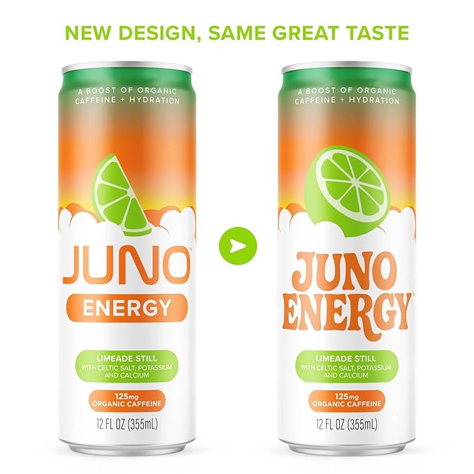 JUNO ENERGY Limeade Still Energy Drink - Sugar Free 125mg Organic Caffeine from Green Coffee Beans Hydrating with Stevia Organic Lime Juice - Vegan Gluten Free 12 Pack