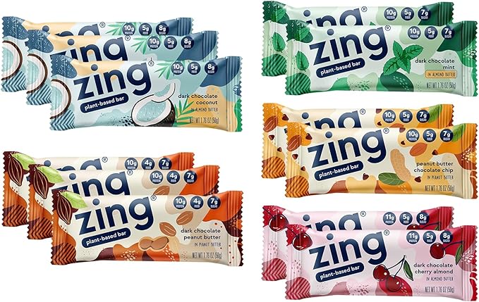 Zing Vegan Protein Bars Variety Pack - Top 5 Flavors Gluten Free Nutrition Bars High Protein &amp Fiber Soy Free Dairy Free Plant Based Protein Kosher Low Sugar No Sugar Alcohols - 12 count